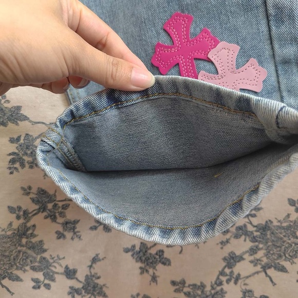Chrome Hearts Blue Jeans With Pink Crosses - Picture 10 of 13